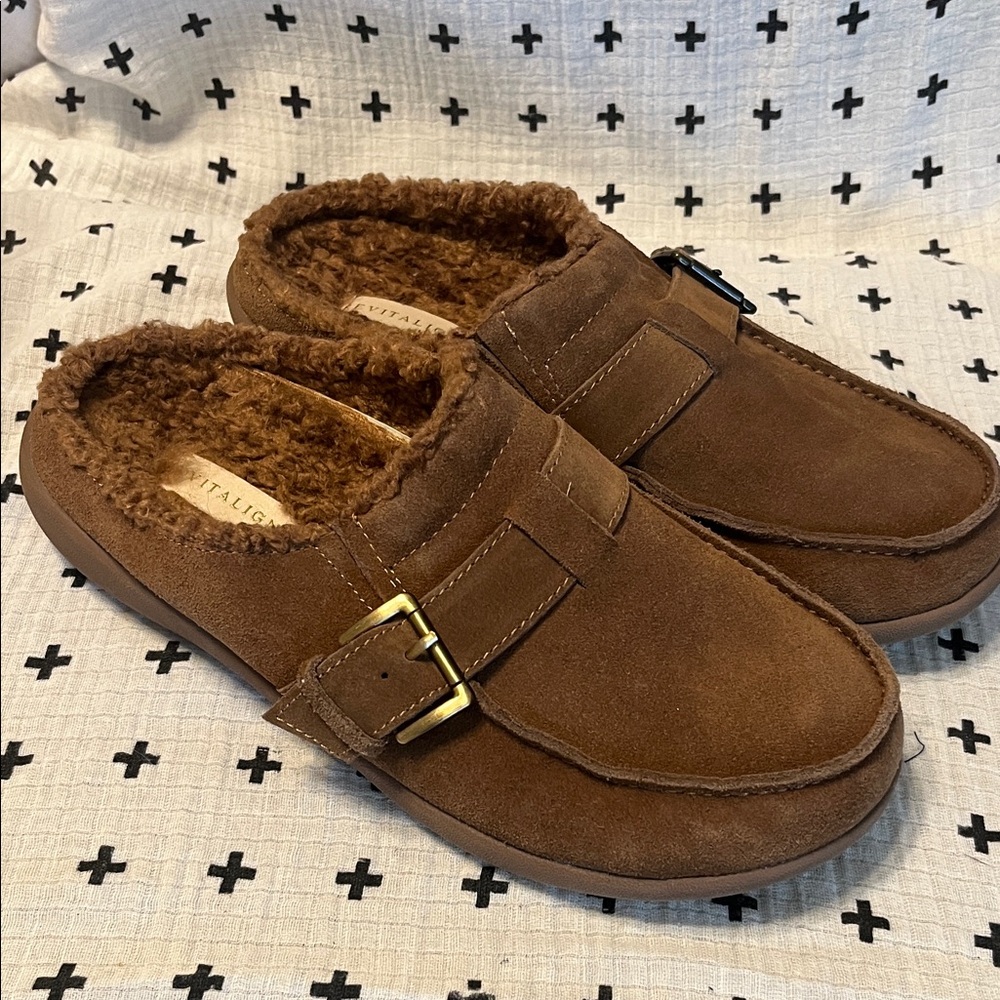 REVITALIGN Siesta Snug Brown Suede Shearling Lined Slip-On Clog Size 10D
